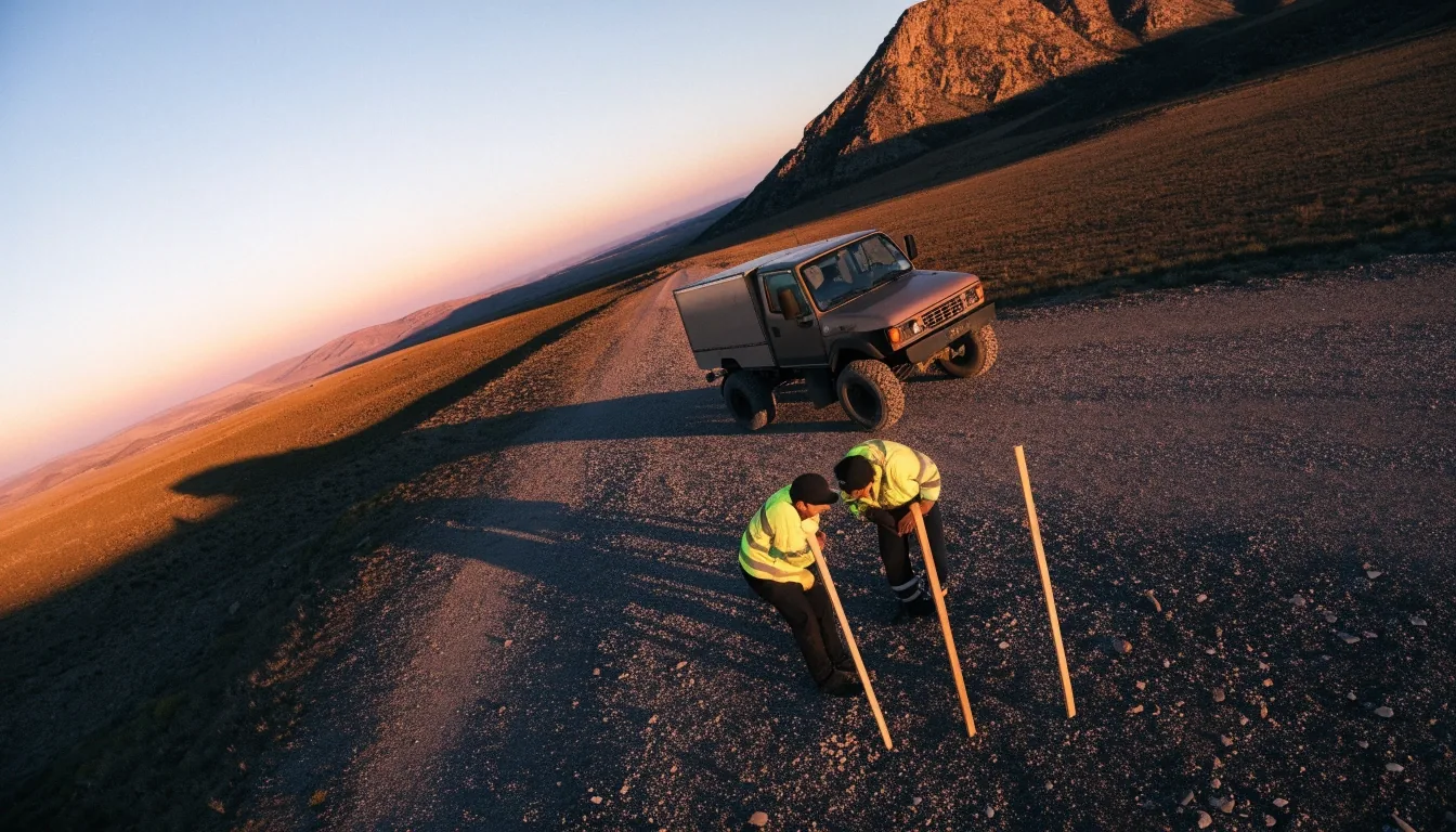 Planicie patagónica al atardecer con una huella de relevamiento hacia las montañas