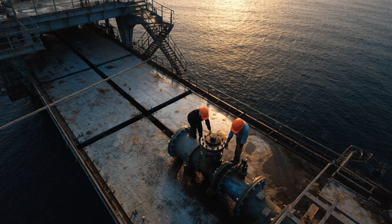 Vista aérea de un campo petrolero offshore al atardecer en aguas del Atlántico Sur