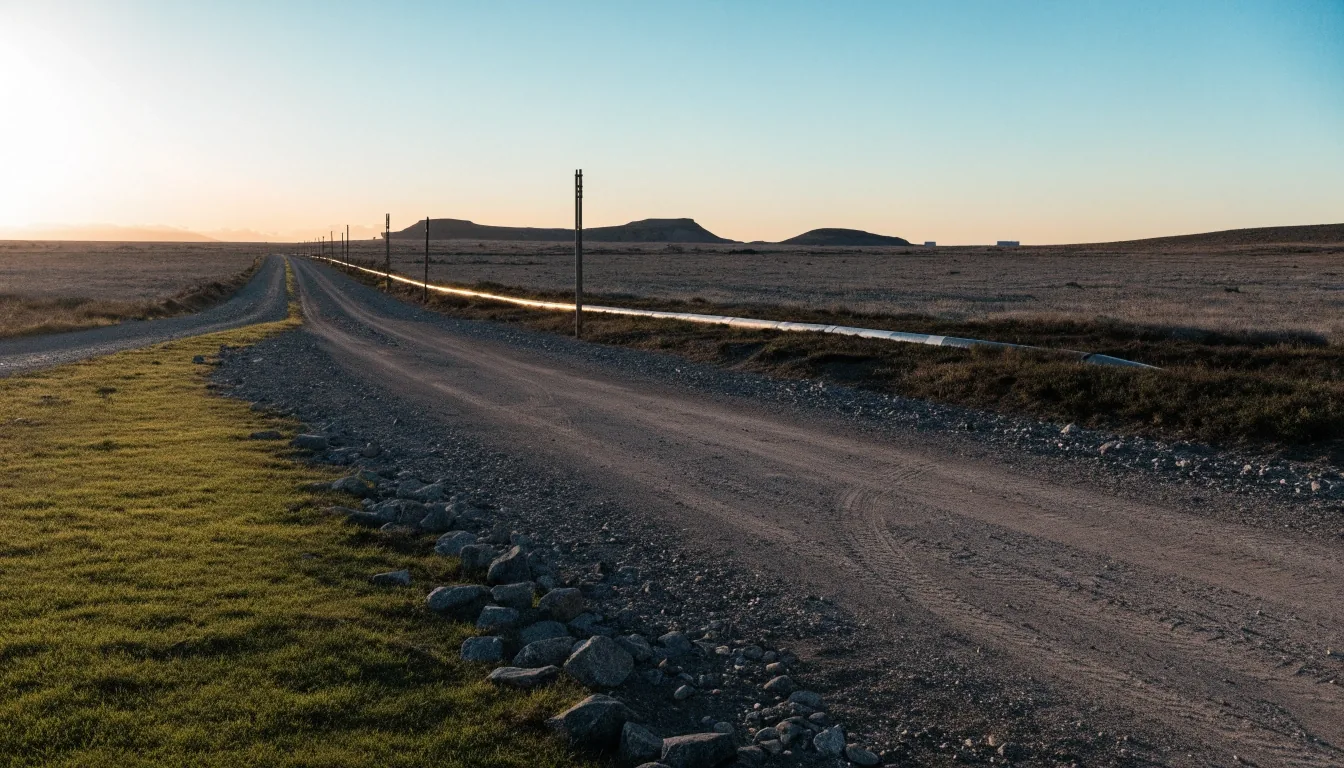 Camino de tierra junto a un corredor de ductos en la estepa patagónica al atardecer
