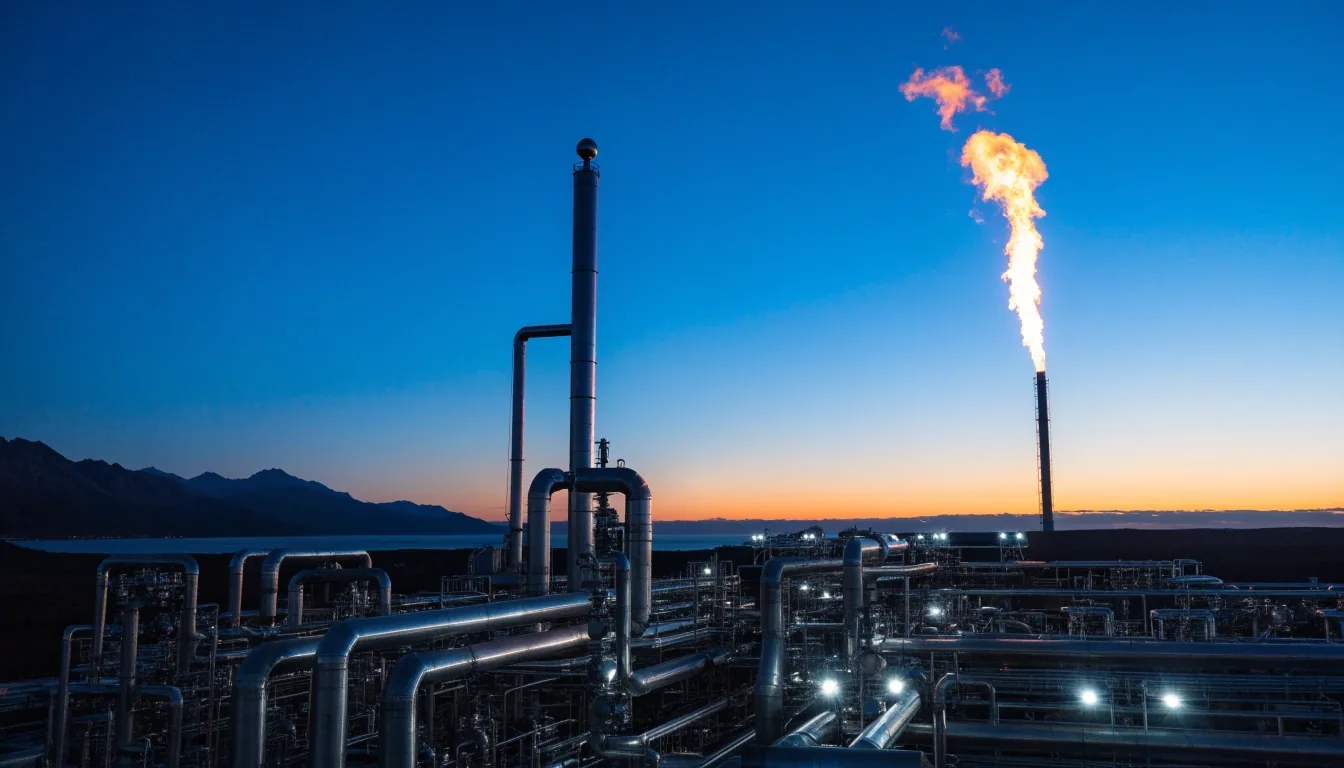 Planta de licuefacción de gas natural en la costa patagónica al anochecer, con tuberías y antorcha recortadas contra el cielo