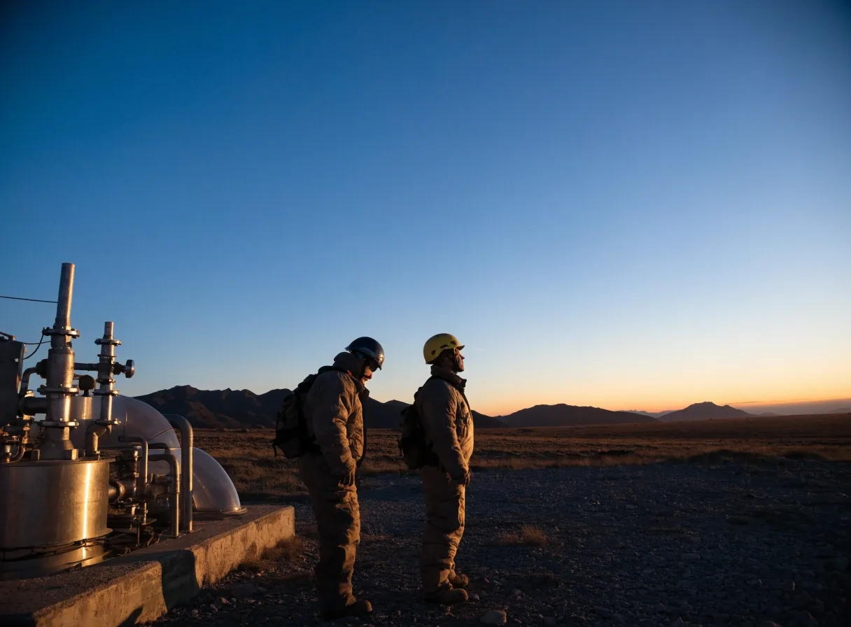 Yacimiento en la meseta neuquina al atardecer, con equipos de extracción recortados contra el cielo