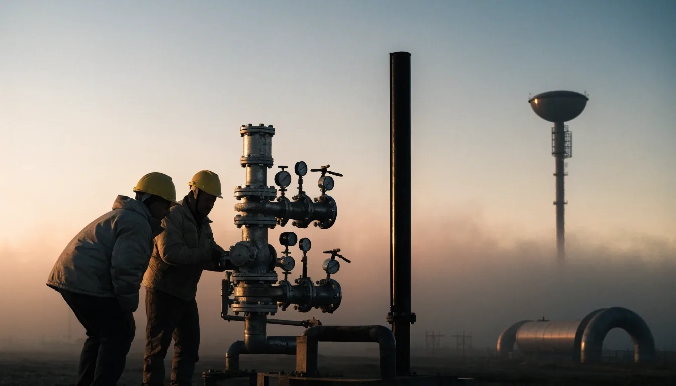 Planta de gas en la meseta neuquina al atardecer, con el horizonte difuso por la niebla
