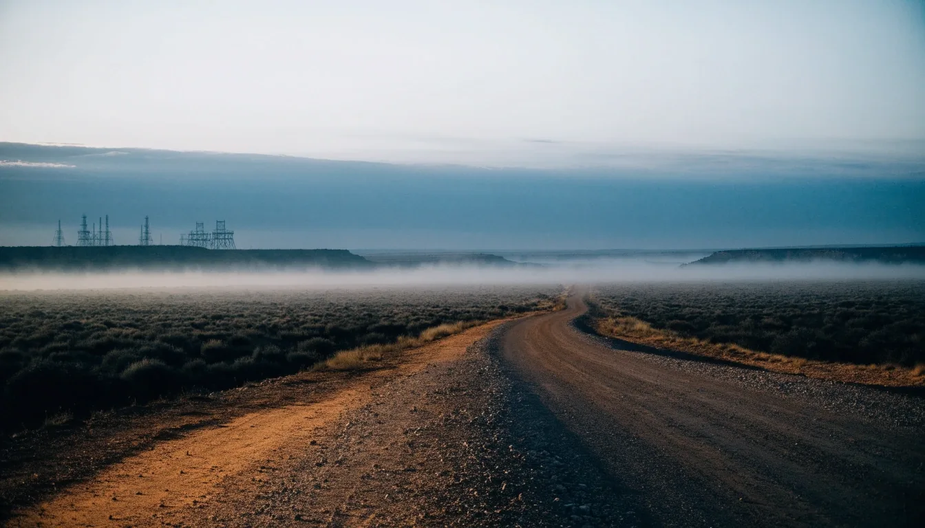Camino provincial en la meseta neuquina al amanecer, con niebla sobre la estepa