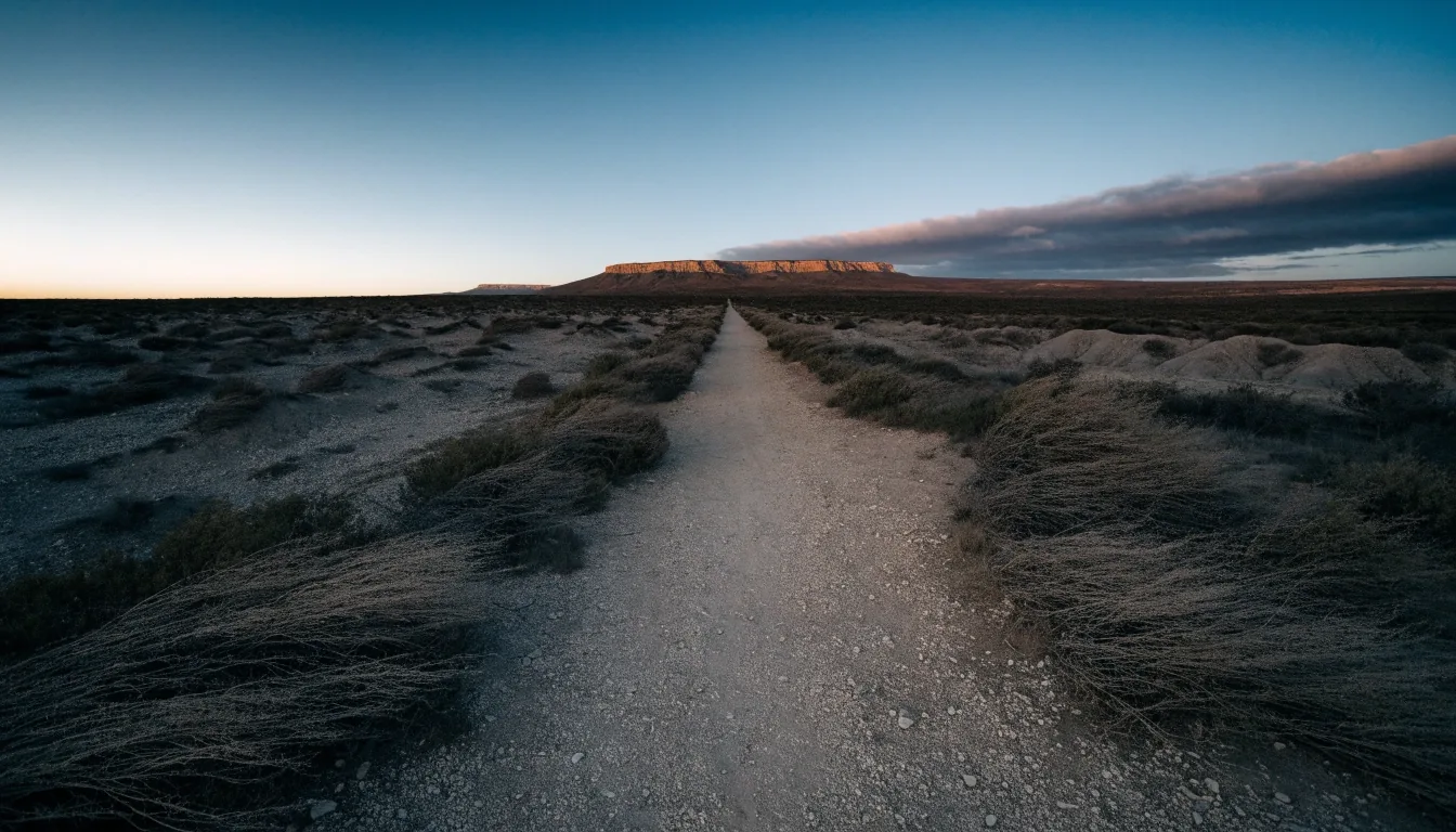 Camino de servicio recto en la estepa patagónica al caer la tarde