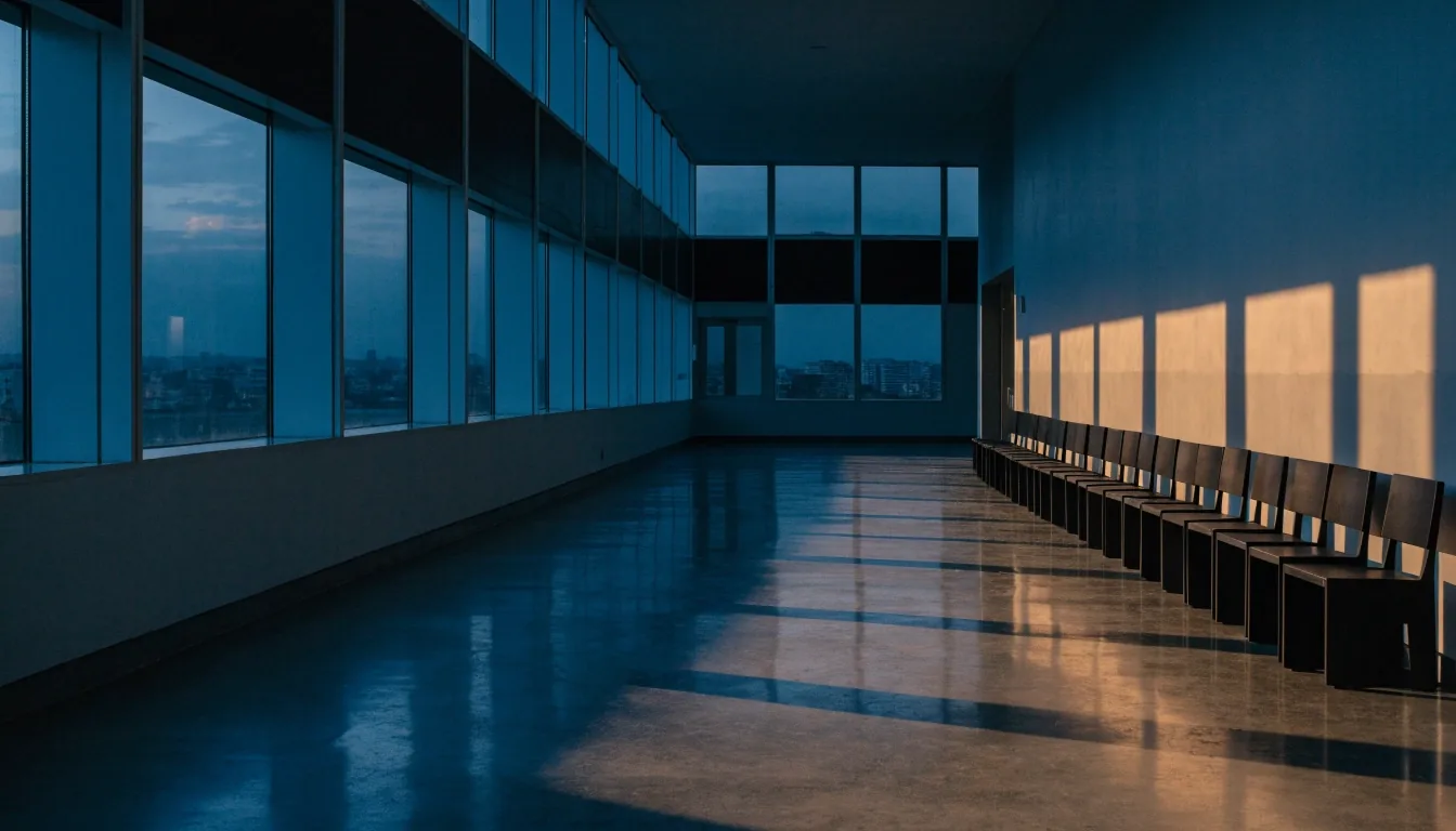 Corredor institucional vacío en Neuquén con luz de atardecer sobre el piso