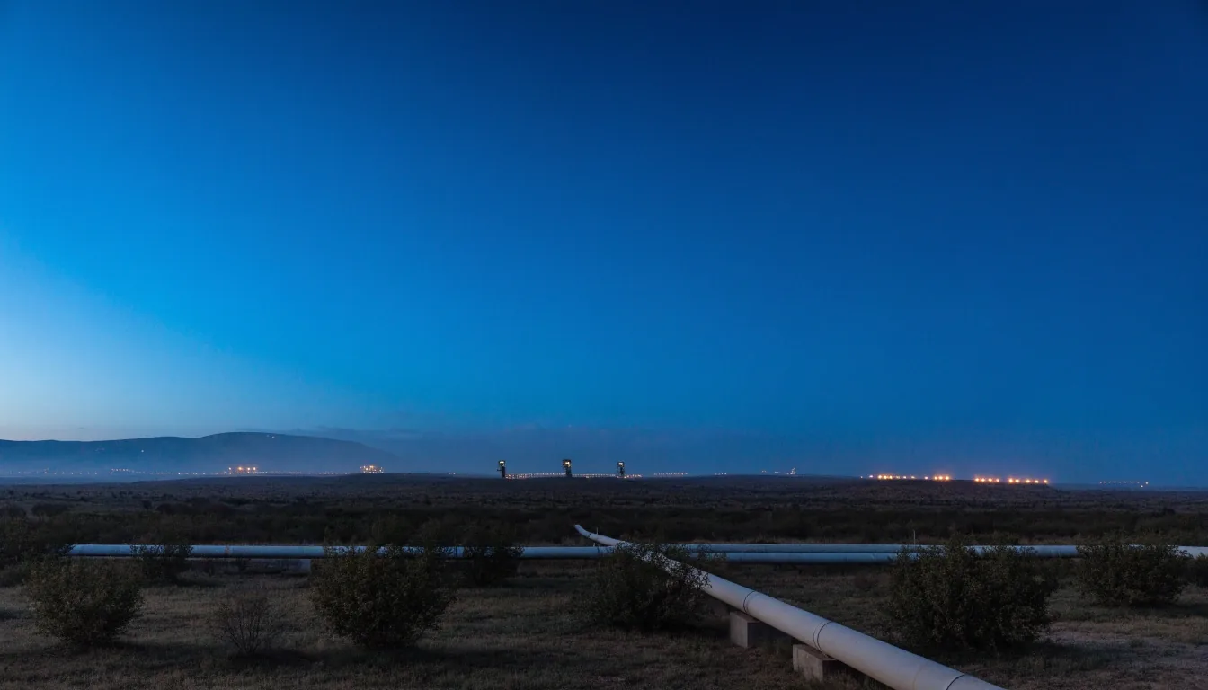 Yacimiento petrolero en la meseta de Neuquén al atardecer con tuberías y siluetas de bombas