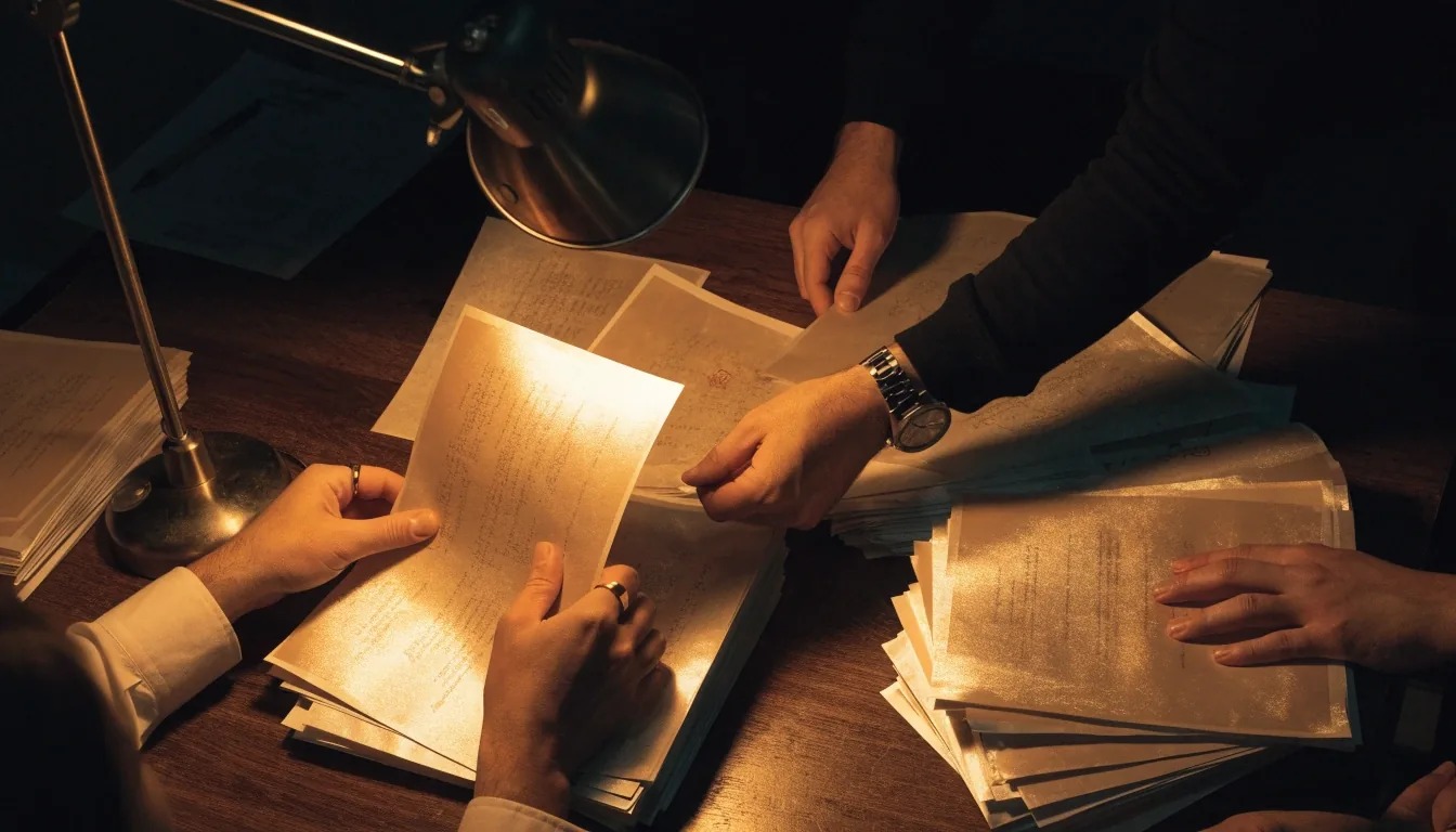 Mesa de trabajo de cierre con pruebas de imprenta extendidas bajo una lámpara cálida, manos ordenando pliegos sin texto legible