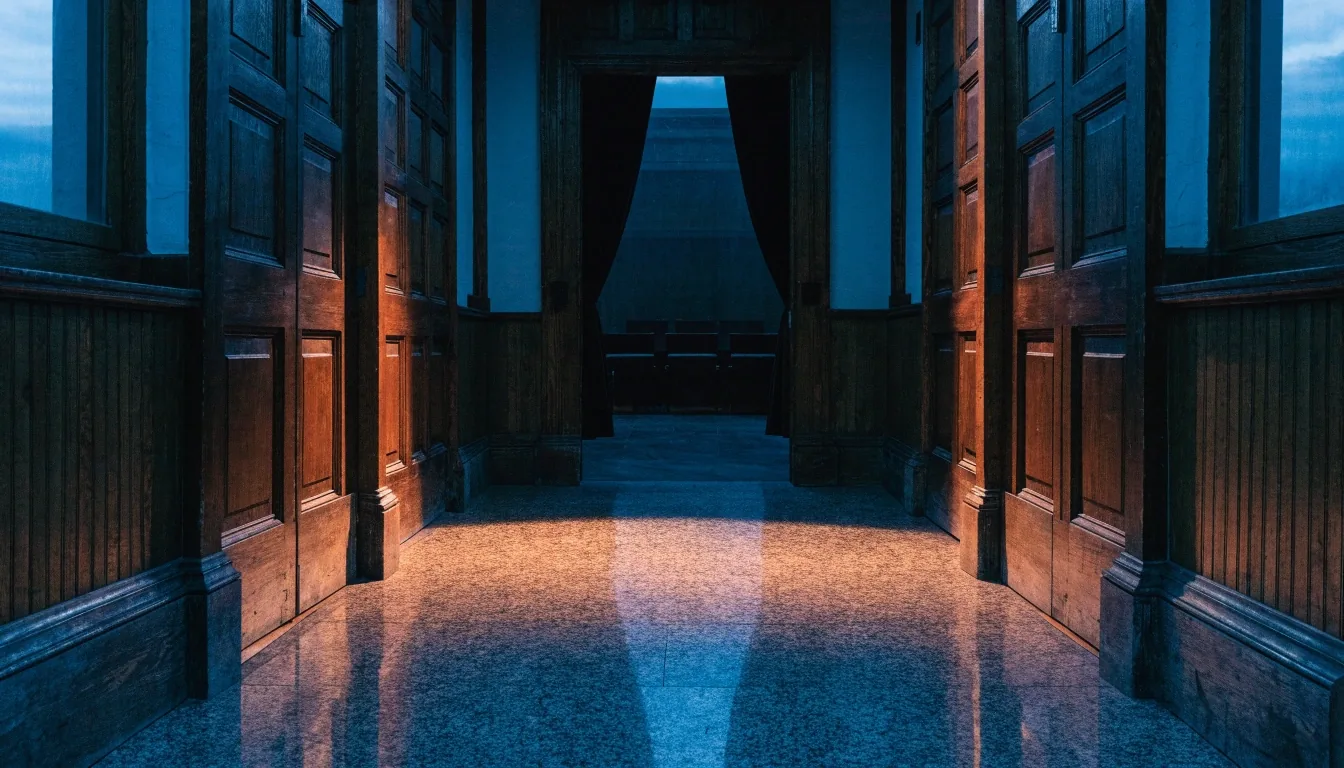 Sala de audiencias institucional vacía en Neuquén al atardecer, con luz dura de ventana sobre mobiliario sobrio