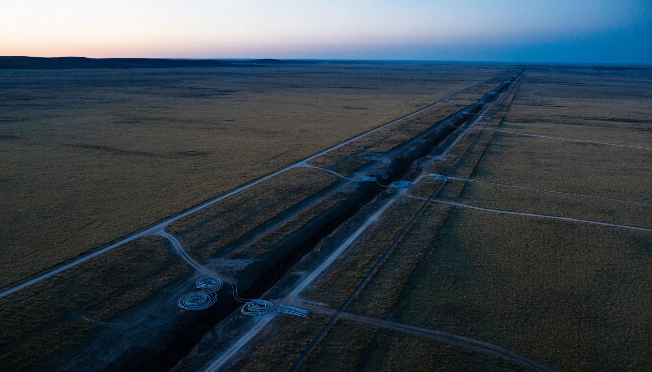 Corredor de ductos en la estepa patagónica al atardecer, con tramos de caño sobre soportes y luces cálidas de mantenimiento