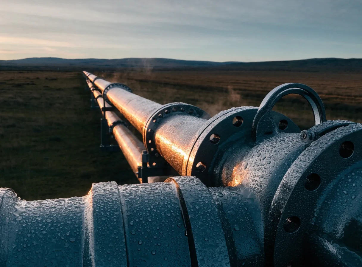 Detalle de válvulas y bridas de acero en una estación de ducto sobre la meseta, con luz cálida al atardecer