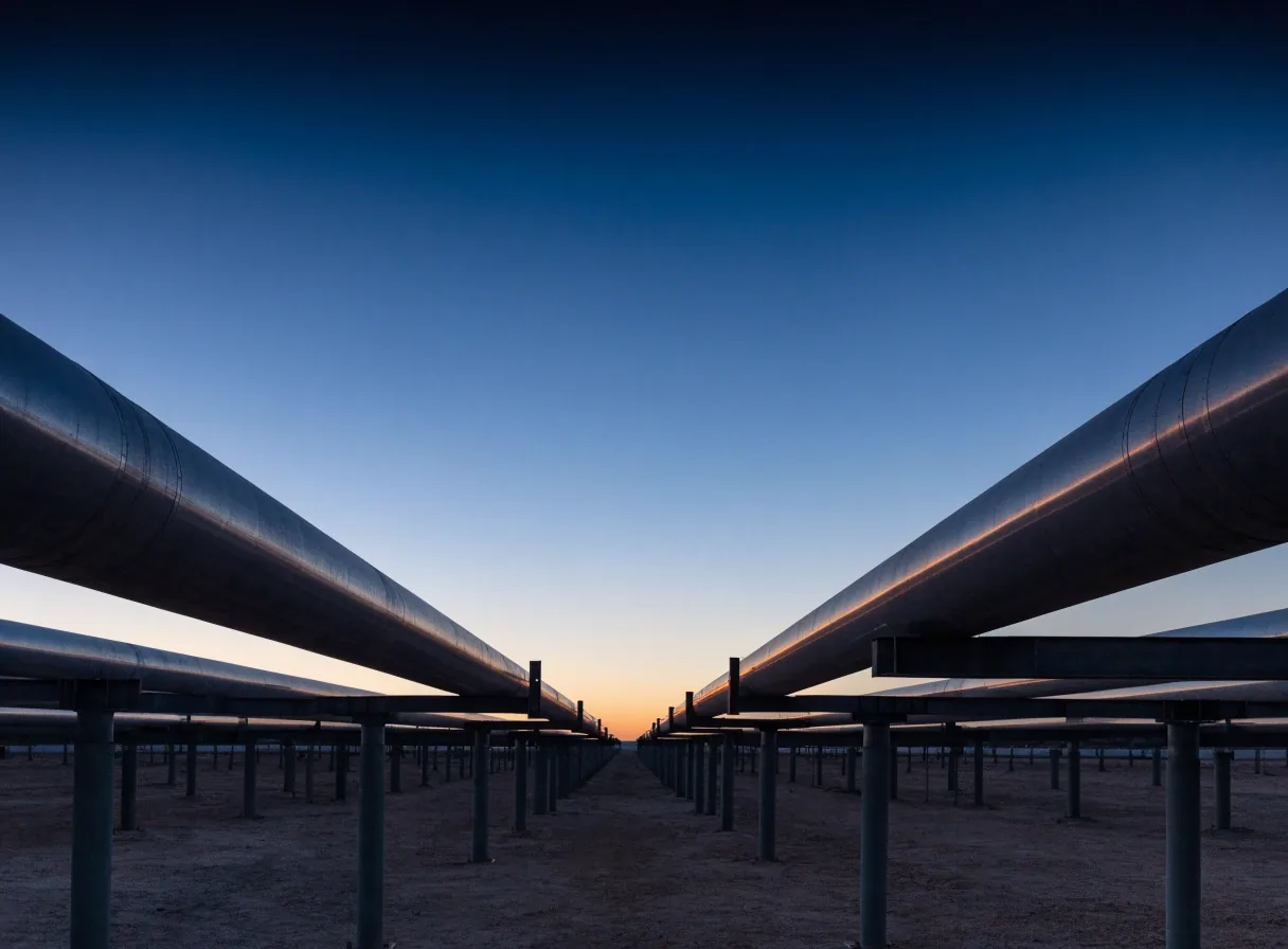 Planta de procesamiento de gas en la estepa patagónica al anochecer, con estructuras metálicas y luces cálidas en los pasillos