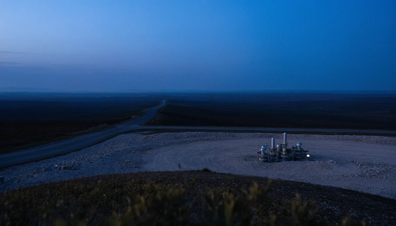 Plataforma de pozos en Vaca Muerta vista desde una loma al anochecer, con cabezales de pozo y un camino de servicio