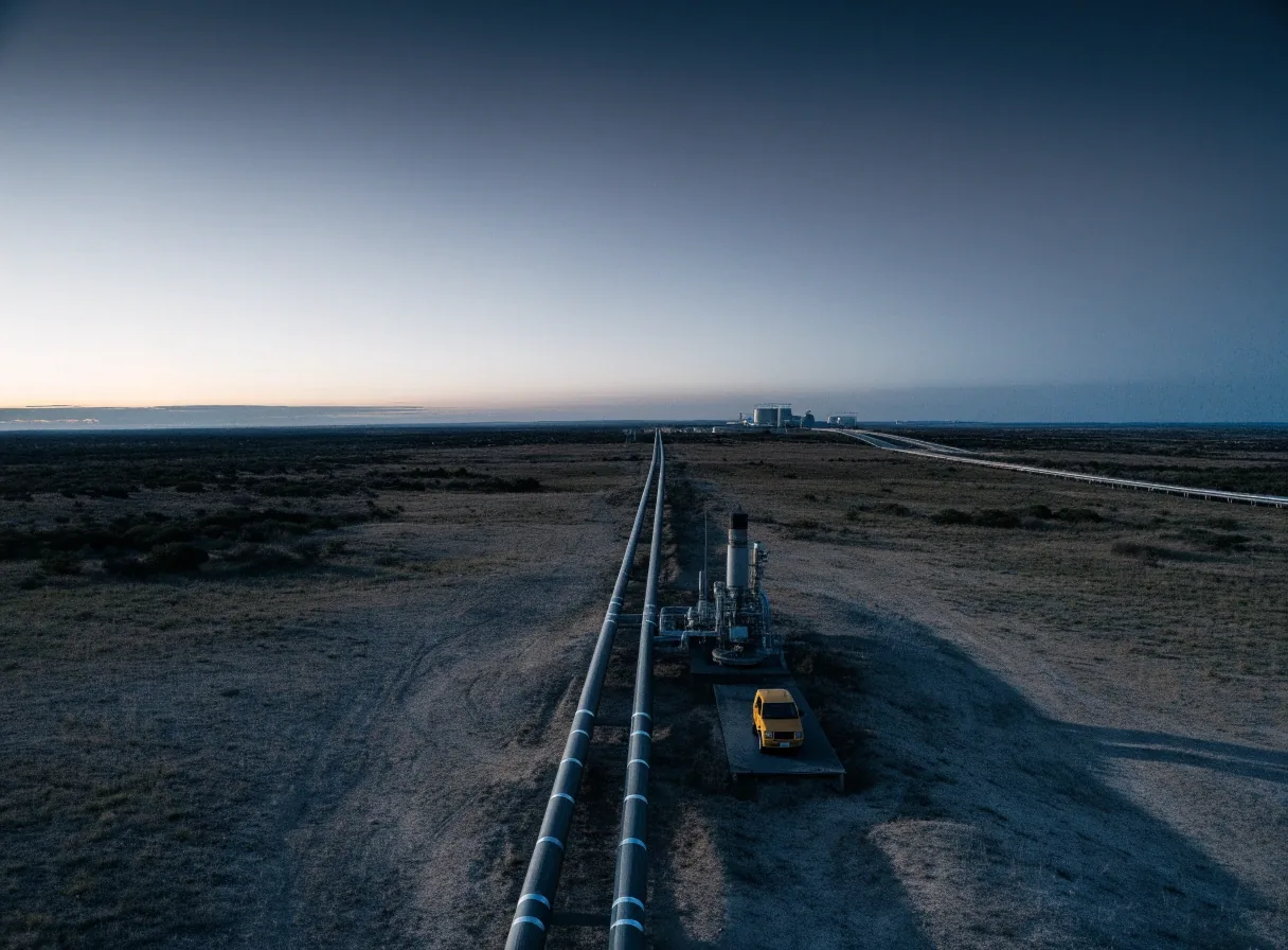 Terminal de exportación de GNL en la costa atlántica patagónica al anochecer, con brazos de carga y tanques de almacenamiento sobre el agua fría