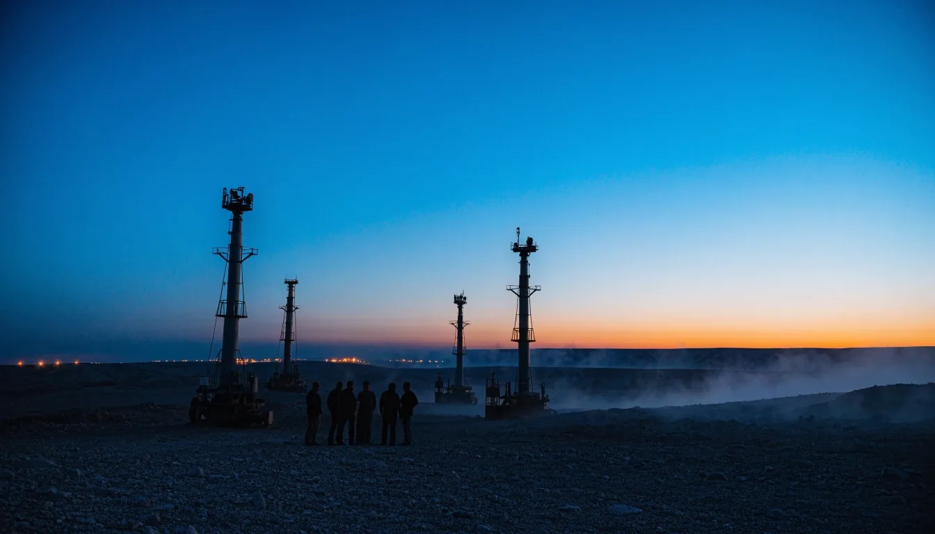 Atardecer en la meseta neuquina con un equipo de extracción en silueta y luces de yacimiento