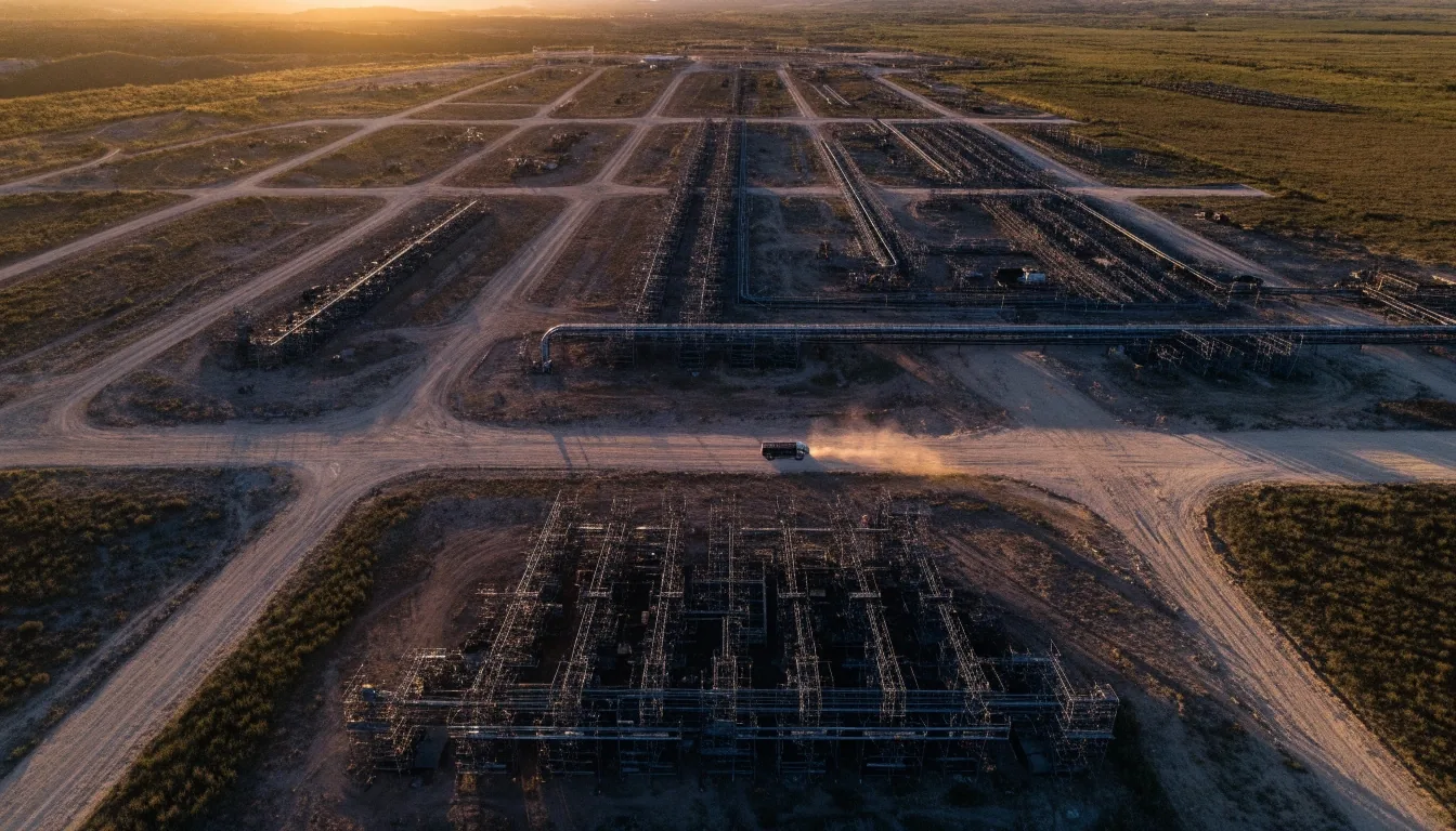 Vista aérea de un yacimiento en la meseta neuquina al atardecer