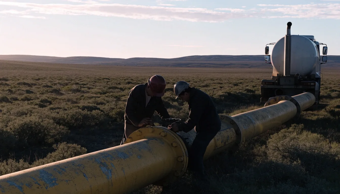 Terminal de exportación de gas natural licuado sobre la costa patagónica al anochecer