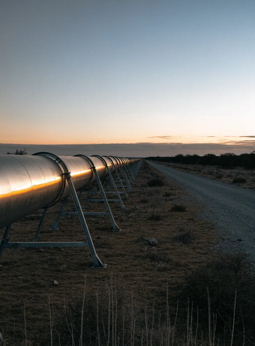 Tramo de ducto elevado sobre la estepa patagónica al anochecer, con camino de servicio paralelo