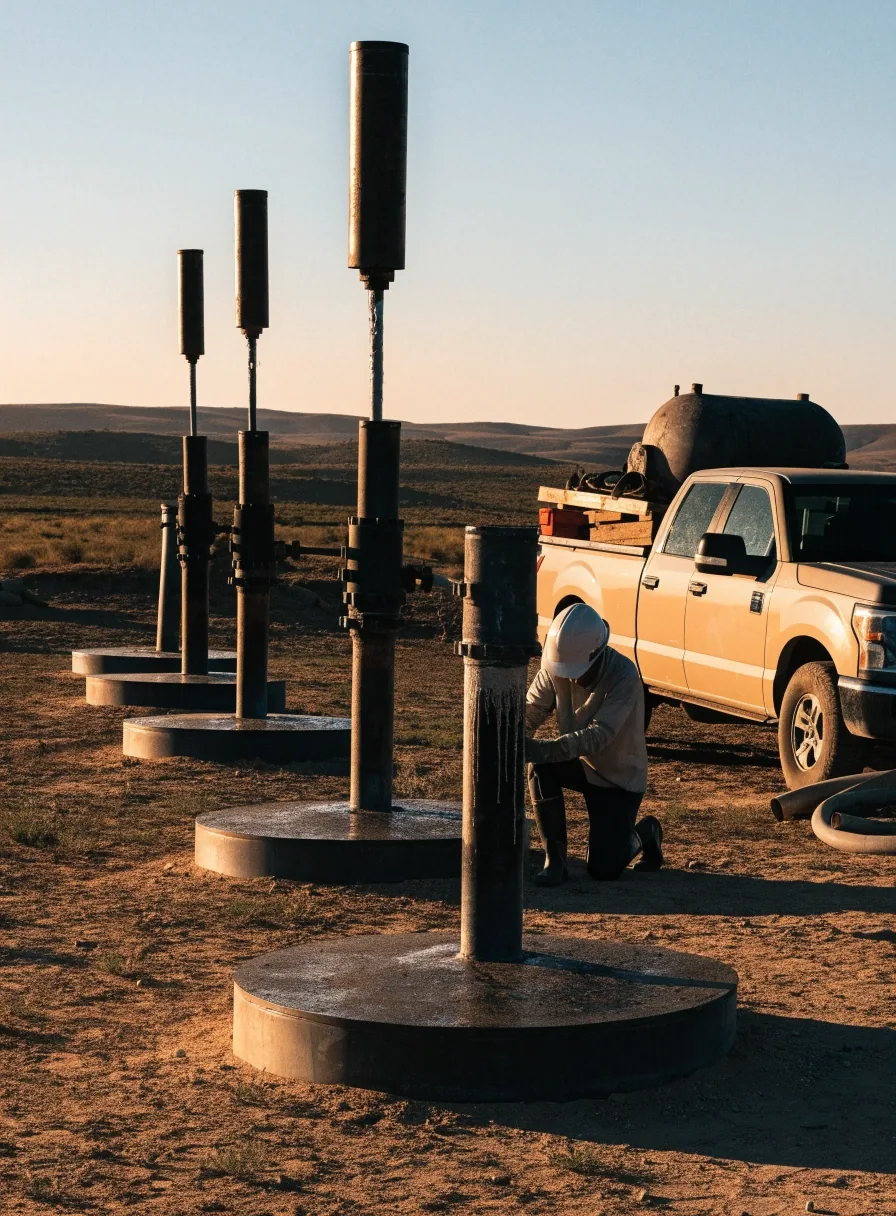 Unidades de bombeo y conjunto de cabezales de pozo en la meseta, con operarios en silueta al atardecer