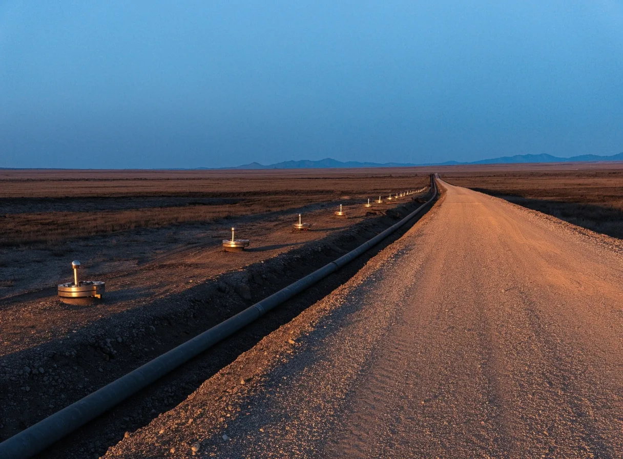 Conjunto de cabezales de pozo y una unidad de bombeo en la meseta neuquína al atardecer