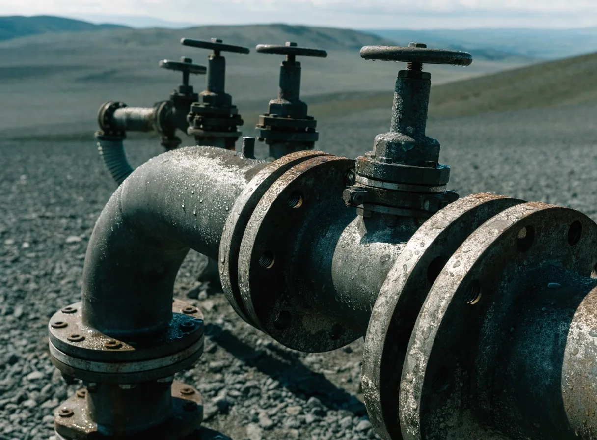 Detalle de válvulas y conexiones de acero en una instalación de gas de la meseta