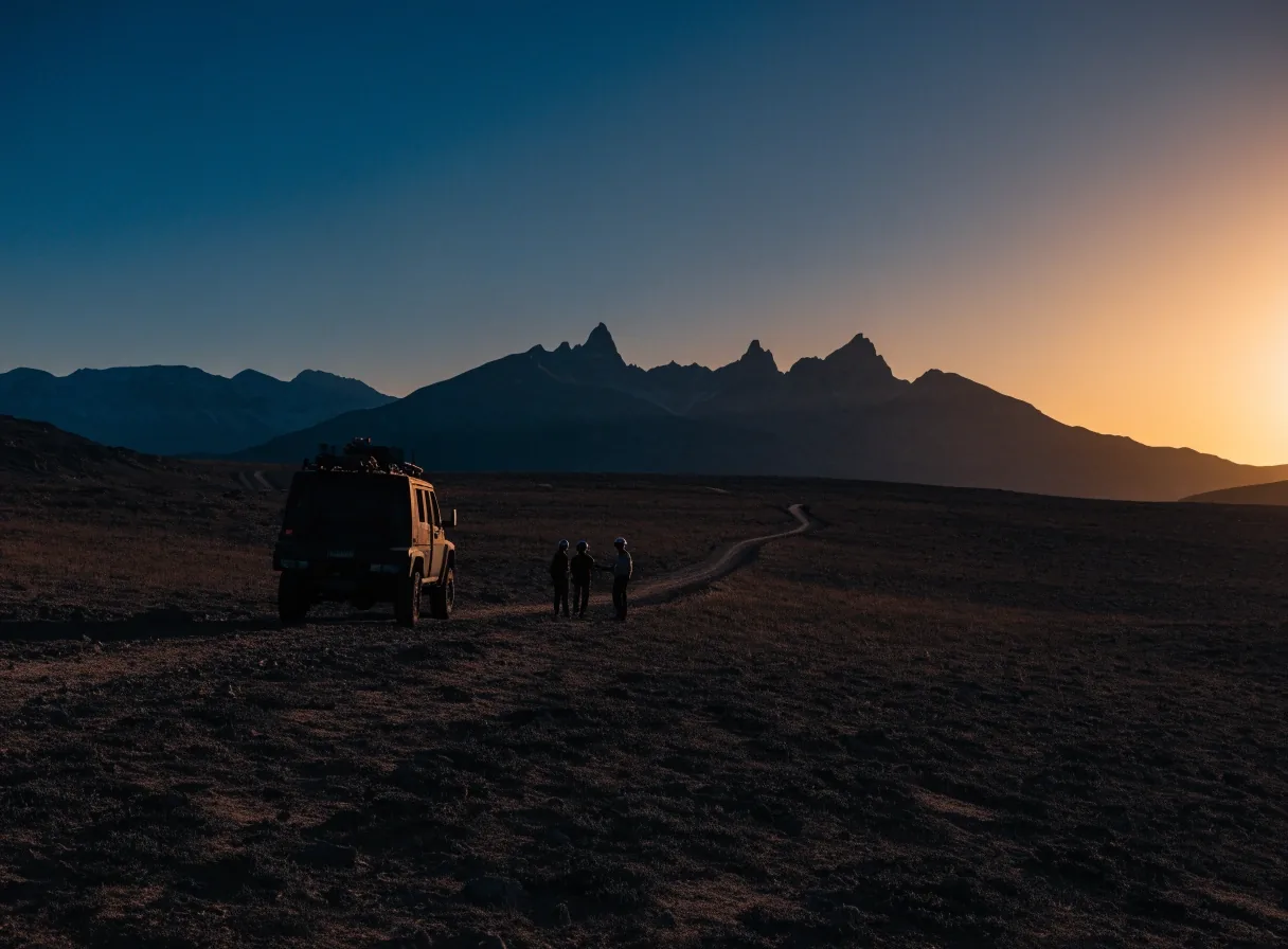 Meseta patagónica abierta bajo un cielo de atardecer, con una huella de prospección cruzando el terreno