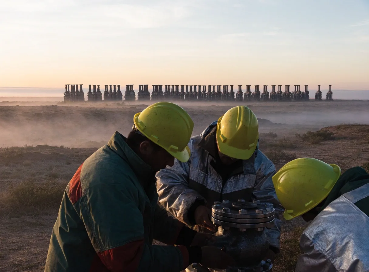 Plataforma de gas en la meseta neuquina al atardecer, con equipos de extracción y luces de yacimiento bajo la niebla