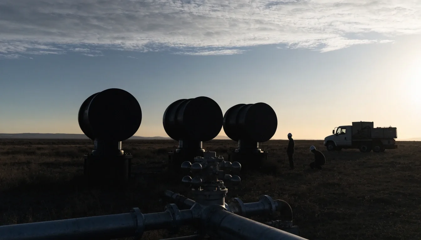 Bombas de extracción y conjunto de cabezales de pozo en la meseta neuquina al caer la tarde