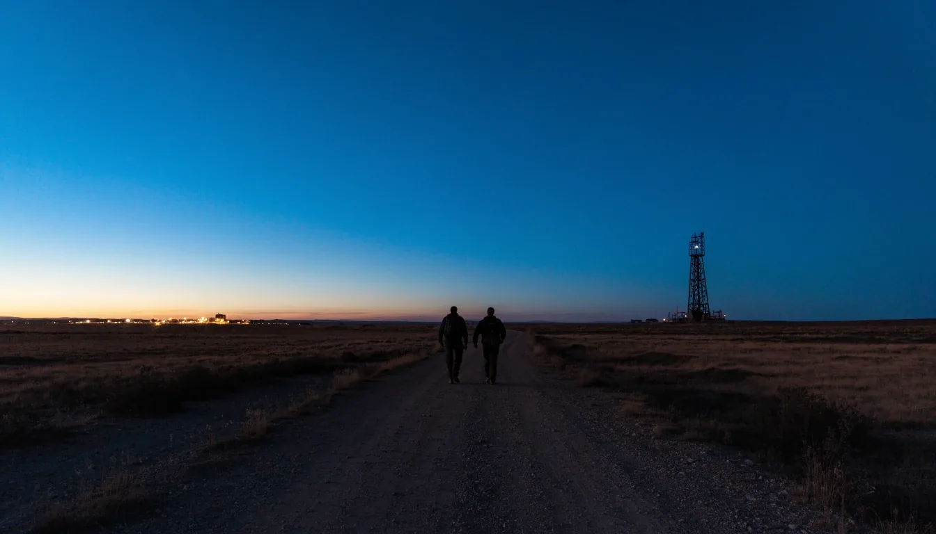 La meseta patagónica al anochecer, con luces lejanas de un asentamiento y una ruta de ripio