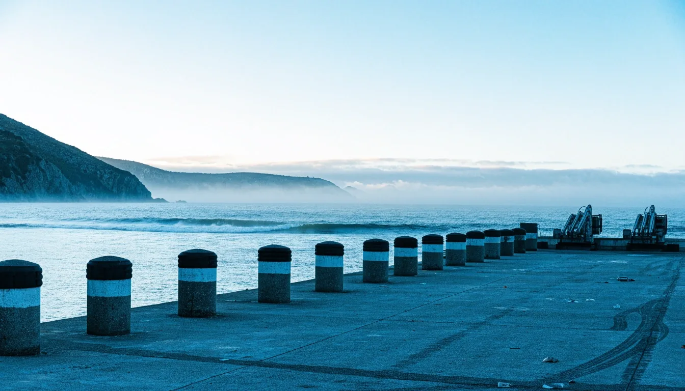 Muelle de exportación vacío en la costa atlántica al amanecer, con brazos de carga plegados