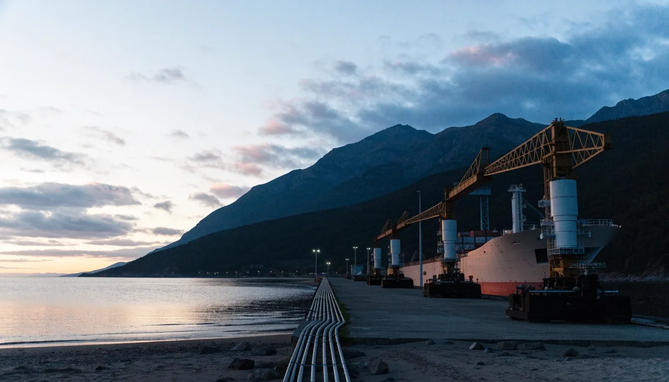 Terminal de exportación costero en la Patagonia al anochecer, con brazos de carga y un buque amarrado