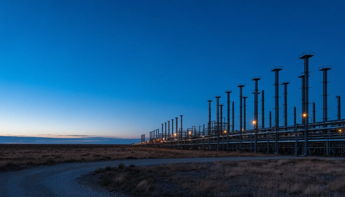 Tren de procesamiento de gas en la meseta patagónica durante la hora azul, con luces de trabajo encendidas
