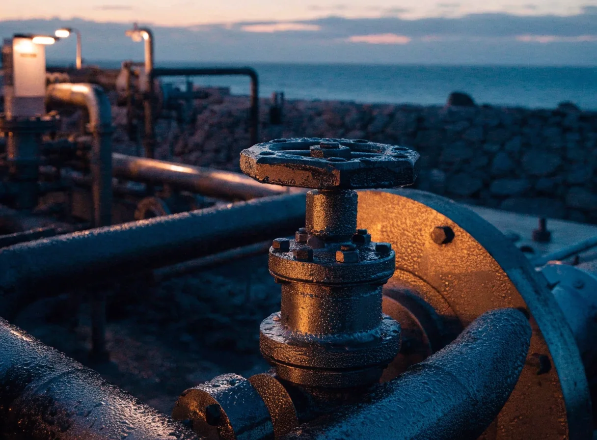 Detalle de cañerías de una planta de procesamiento de gas en la costa patagónica