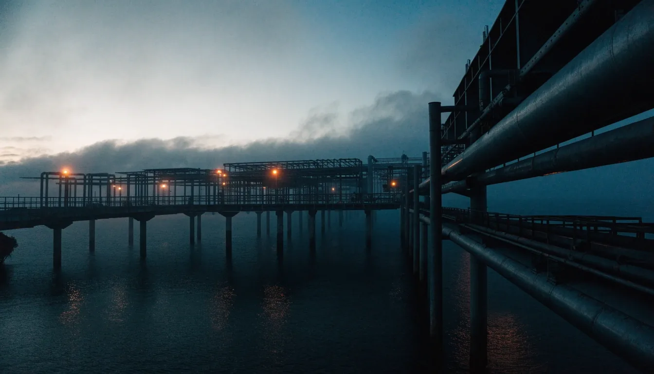 Terminal de exportación de GNL y corredor de ductos en la costa patagónica al anochecer