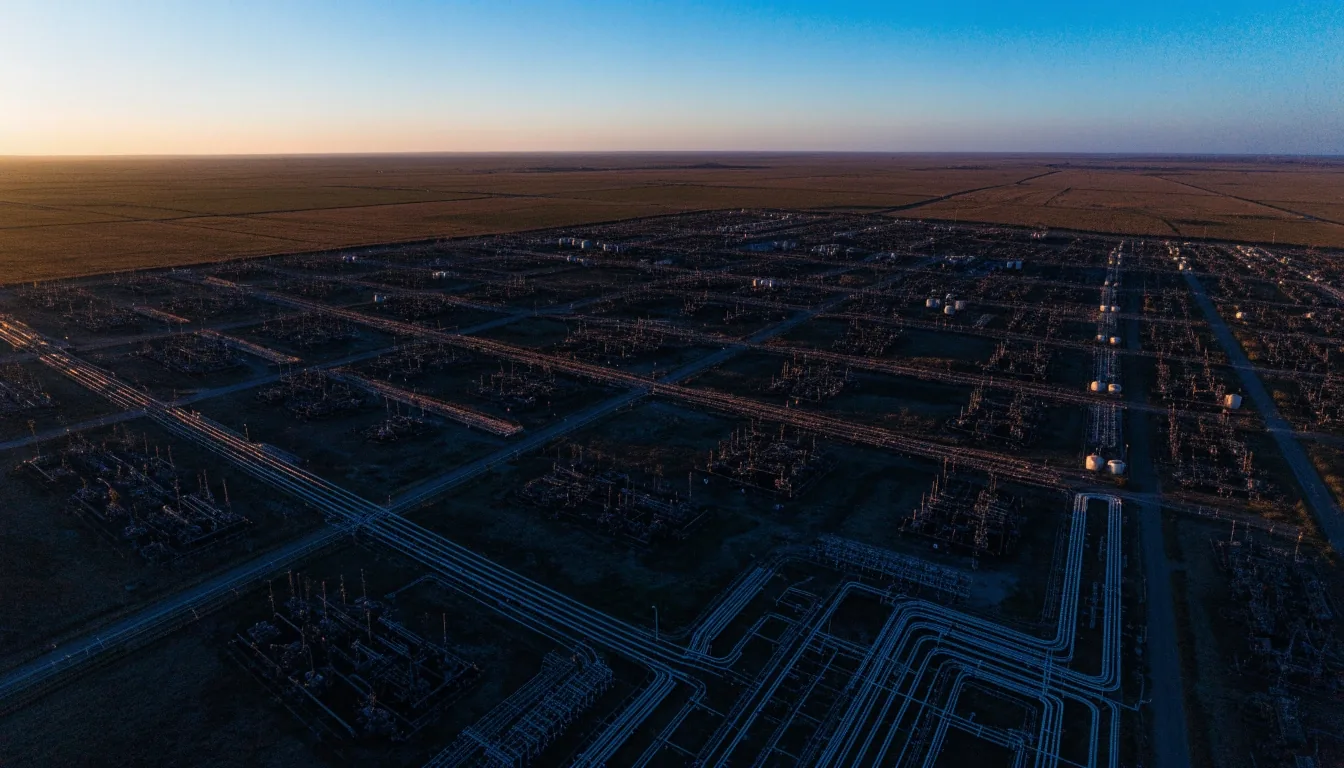 Vista aérea de un pad de pozos en Vaca Muerta sobre la meseta, con caminos de servicio