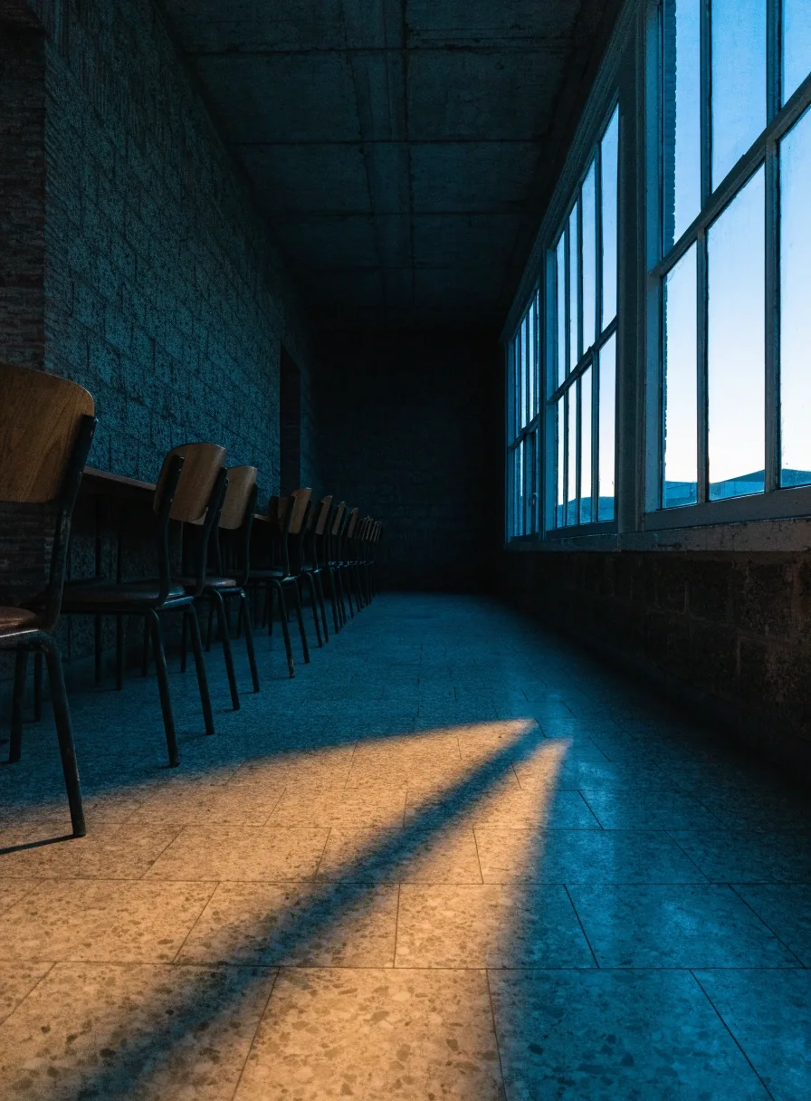Pasillo institucional vacío en Neuquén al atardecer, con una fila de sillas desocupadas junto a la pared