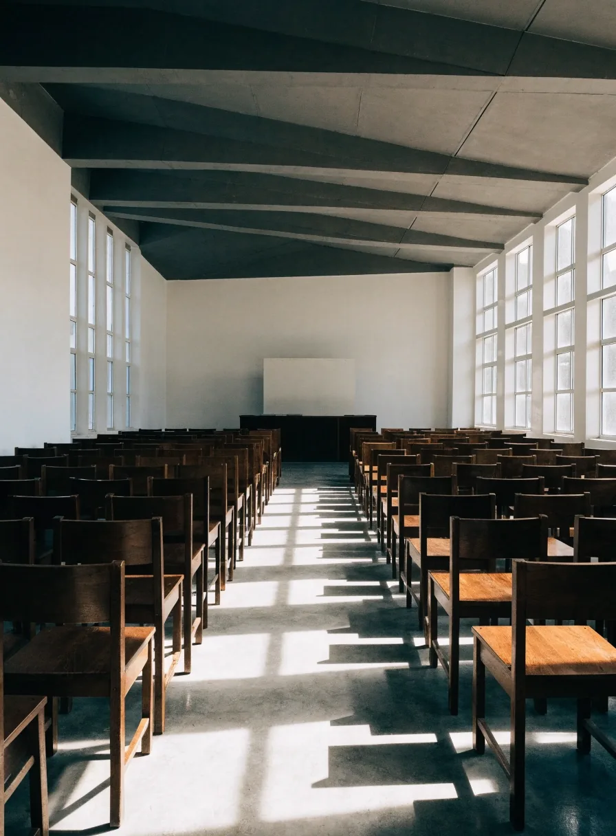 Sala de audiencias vacía en Neuquén con luz de ventana sobre las sillas