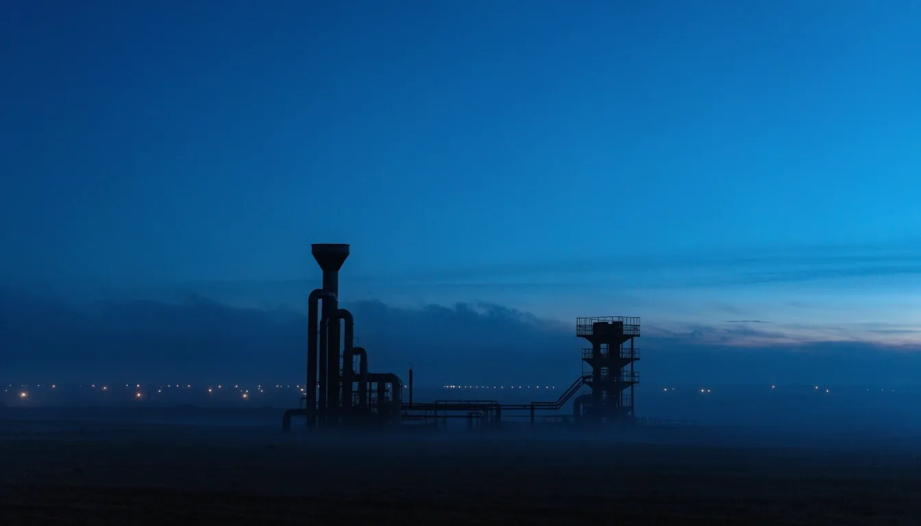 Yacimiento del plateau neuquino al anochecer con luces de pad entre la niebla