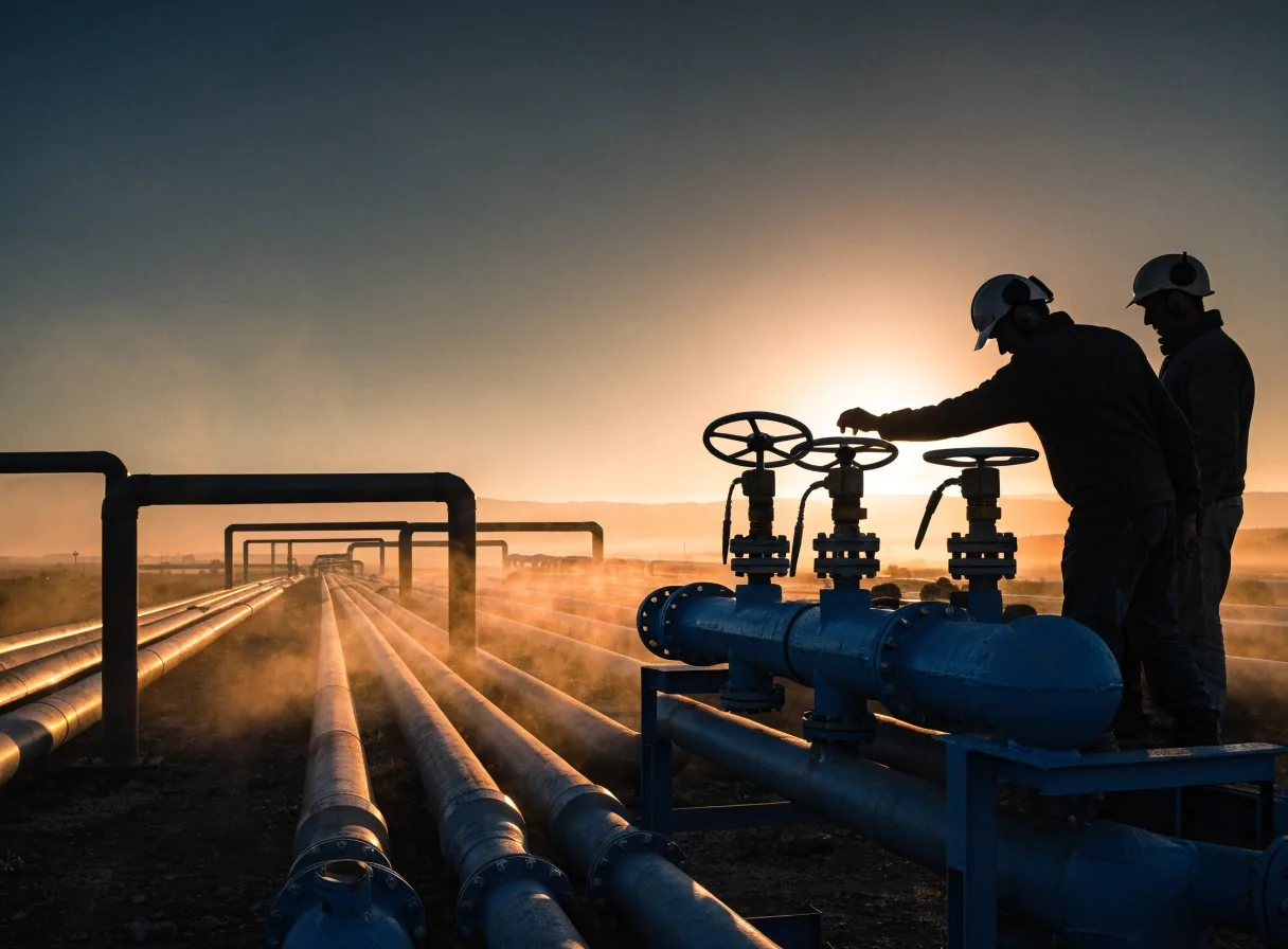 Planta de procesamiento de gas al anochecer con cañerías en perspectiva