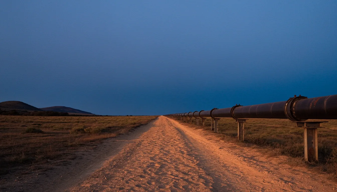 Camino de tierra junto a un ducto a través de la estepa patagónica al anochecer