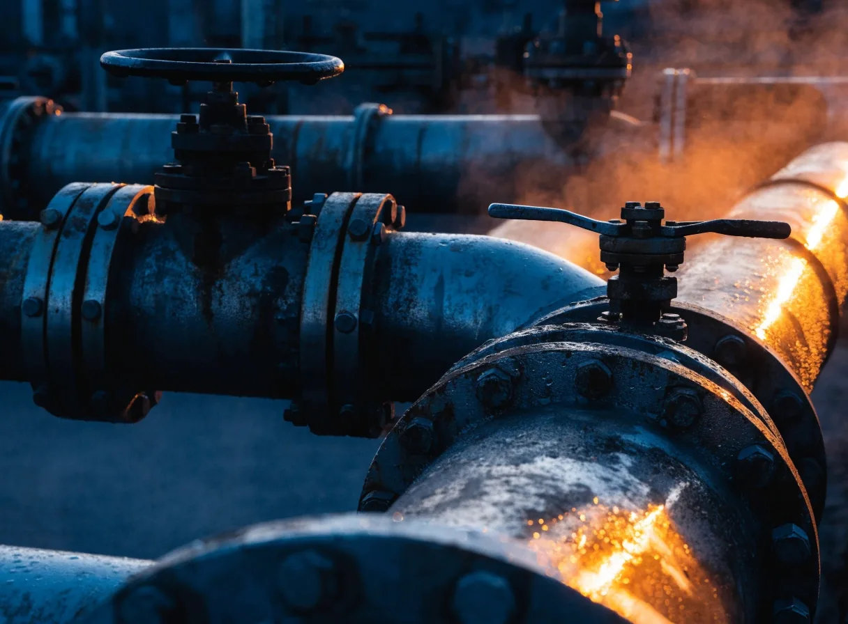 Detalle de un múltiple de válvulas sobre una línea de gas con luz ámbar al atardecer