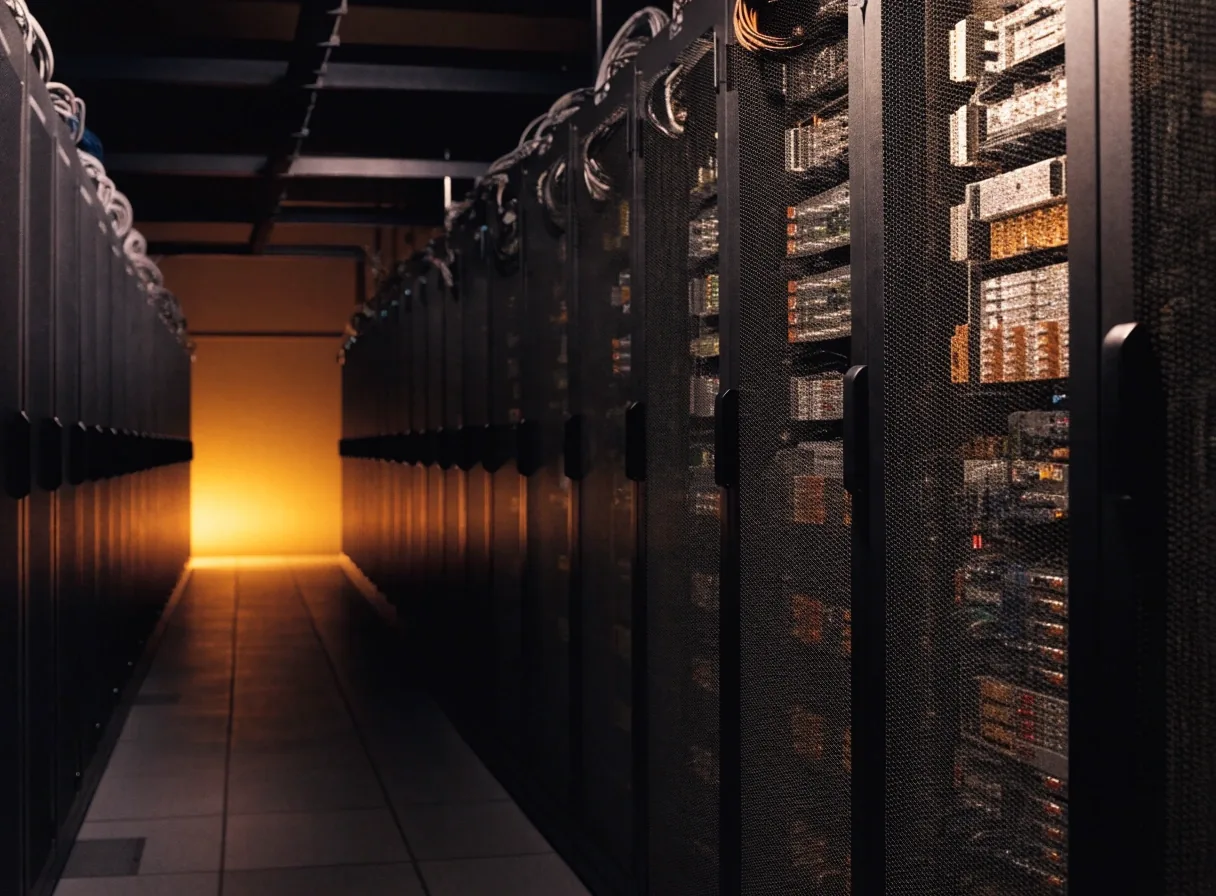 Interior de un centro de datos con hileras de equipos y luz cálida al fondo