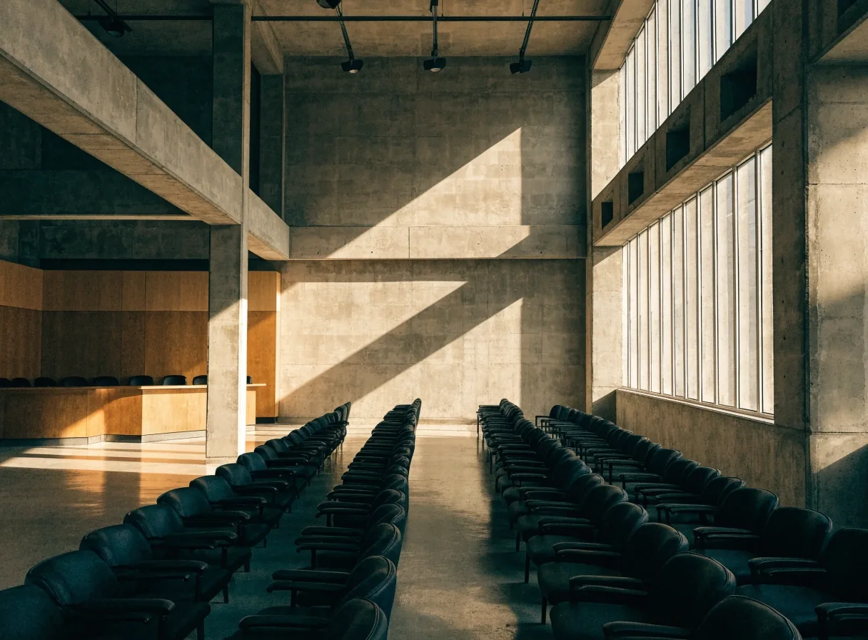 Sala de audiencias institucional vacía con luz de ventana dura