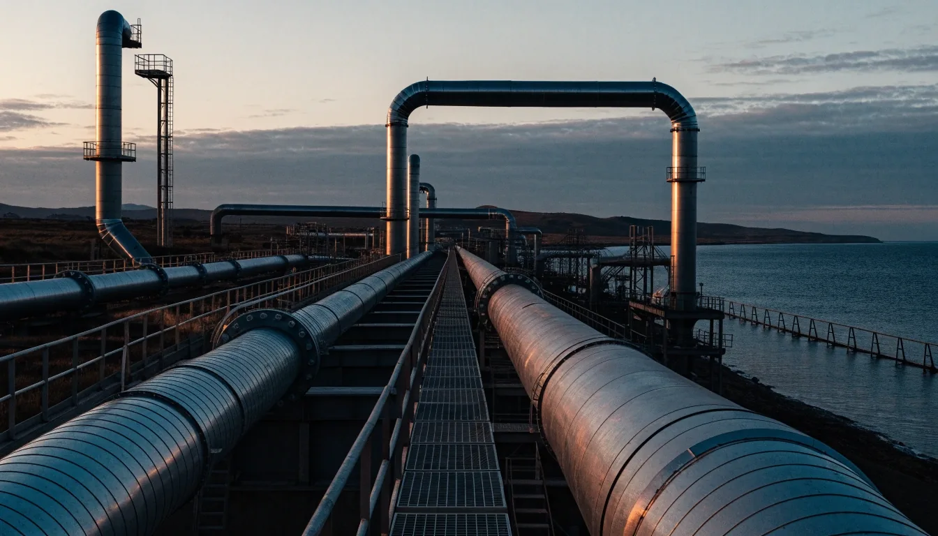 Terminal de exportación de GNL y corredor de ductos en el horizonte patagónico al anochecer