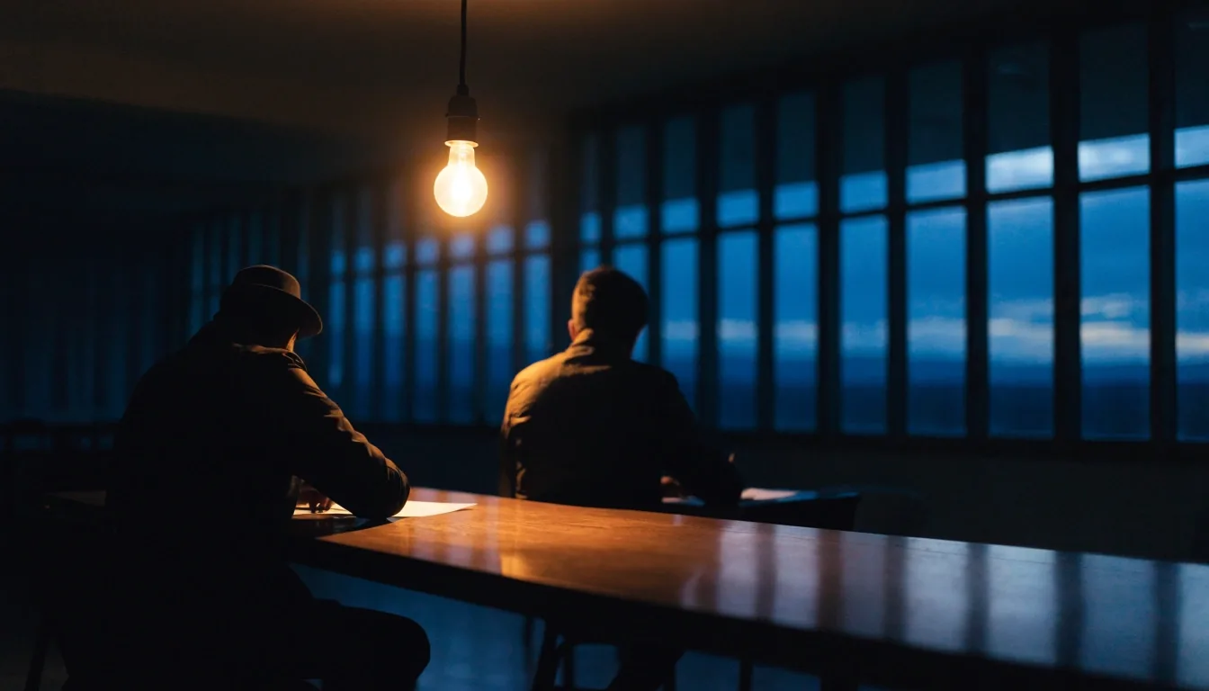 Dos editores trabajando de noche en una mesa larga bajo una luz cálida, vistos de espaldas