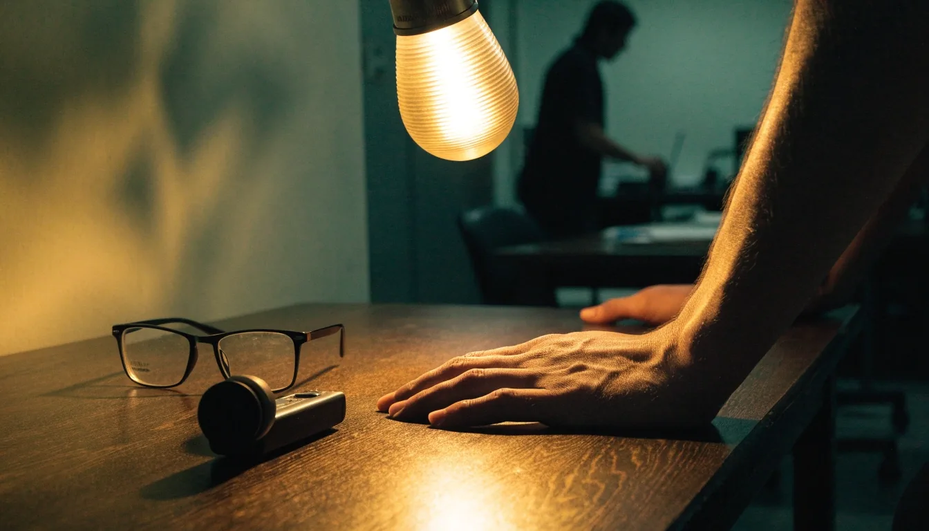 Mesa de redacción de noche con una grabadora y notas manuscritas bajo la luz de una lámpara