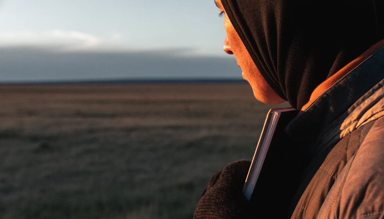 Periodista de campo tomando notas en la meseta patagónica al atardecer