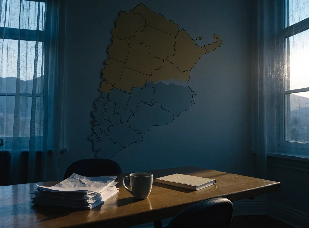 Rincón de una redacción al atardecer con un mapa de la provincia en la pared y papeles sin texto a la vista