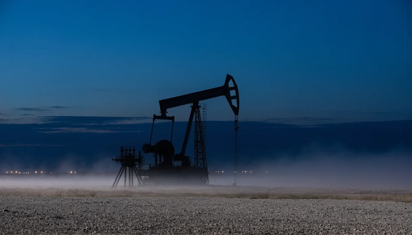 Bomba de extracción y pozo en la meseta neuquina al anochecer