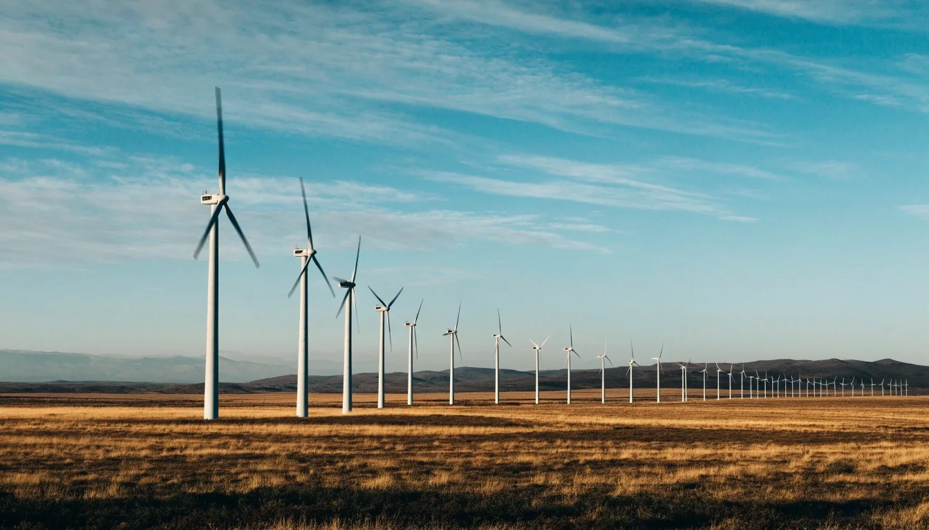 Parque eólico en la estepa patagónica con aerogeneradores y horizonte de montañas