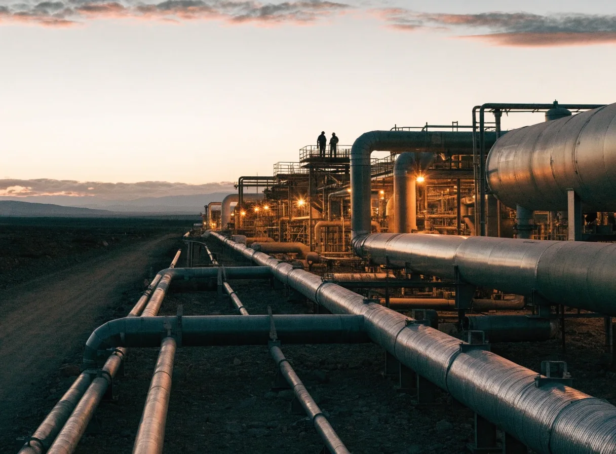 Planta de procesamiento de gas en la Patagonia con cañerías al atardecer